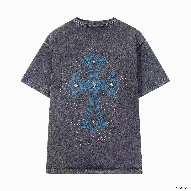 Chrome Hearts Blue Cross Vintage Charcoal Gray Short Sleeve T-shirt