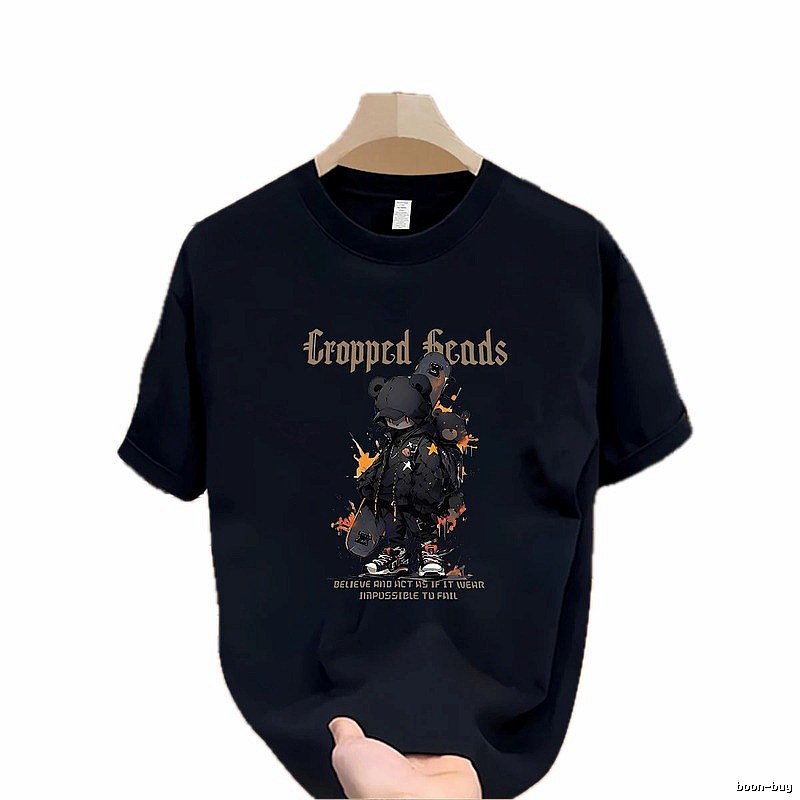 Cropped Skate Bear Street Style Navy Short Sleeve T-Shirt