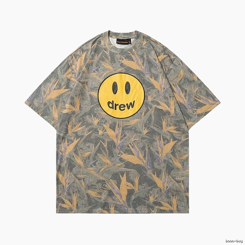 DREW Smiley All-over Print Street Style Grey and Yellow Short Sleeve T-Shirt