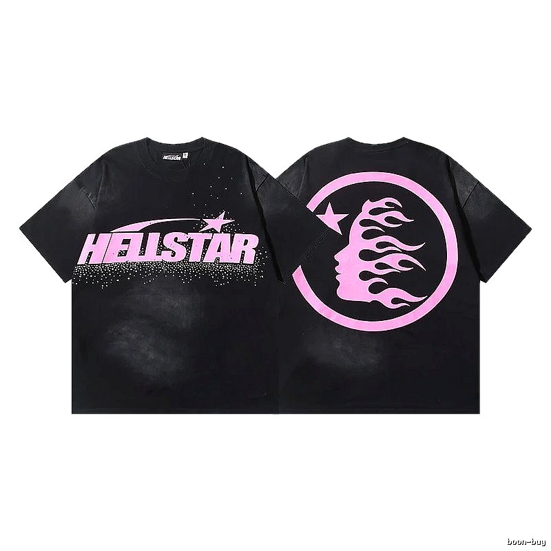 Hellstar Flame Print Street Style Black and Pink T-shirt