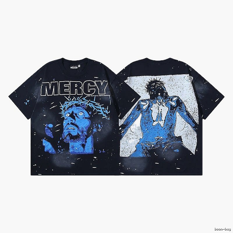 Hellstar Jesus Print Street Style Black and Blue Short Sleeve T-shirt