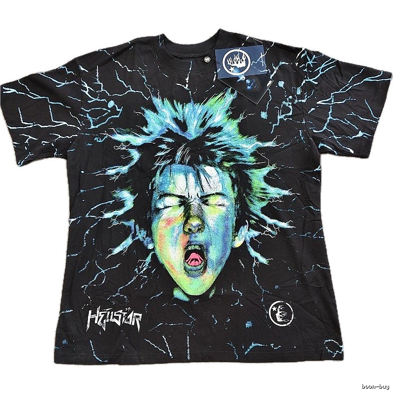 Hellstar Lightning Portrait Street Style Black & Blue T-Shirt