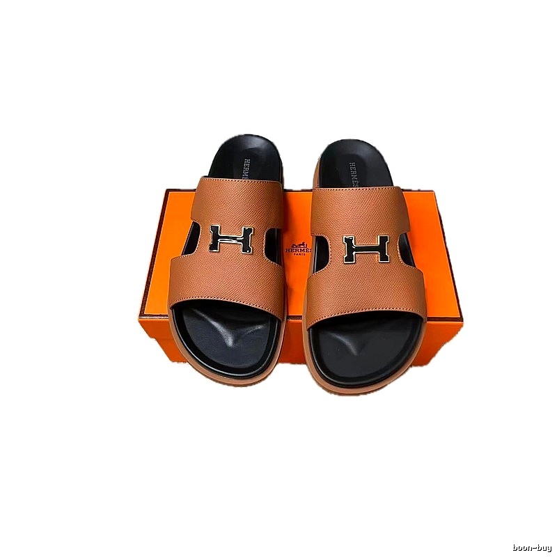 Hermès H-Buckle Minimalist Style Caramel Brown Slide Sandals