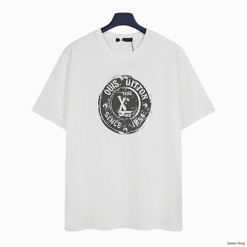 Louis Vuitton Vintage-style Distressed Stamp Print White T-Shirt