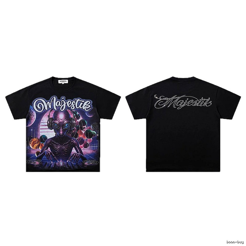 MAJESTIK Alien Print Street Style Black T-Shirt