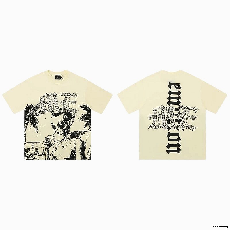 Mixed Emotion Alien Print Street Style Beige T-Shirt
