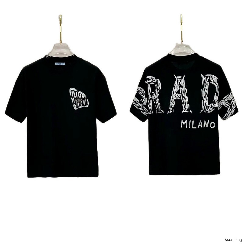 Prada Embroidered Streetwear Style Black Short-sleeve T-shirt