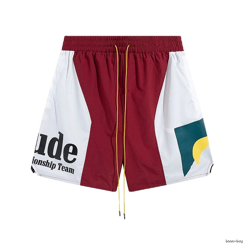 RHUDE retro-style red and white shorts