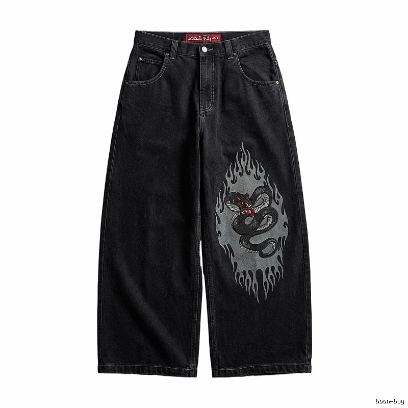 Y2K Flame Snake Print Black Jeans